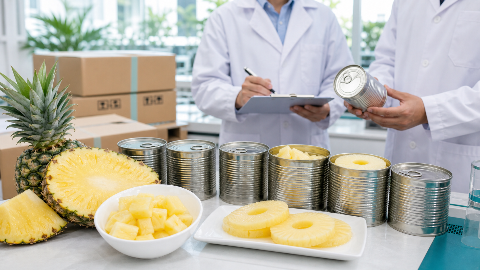 Canned pineapple sourcing samples with export-ready packaging